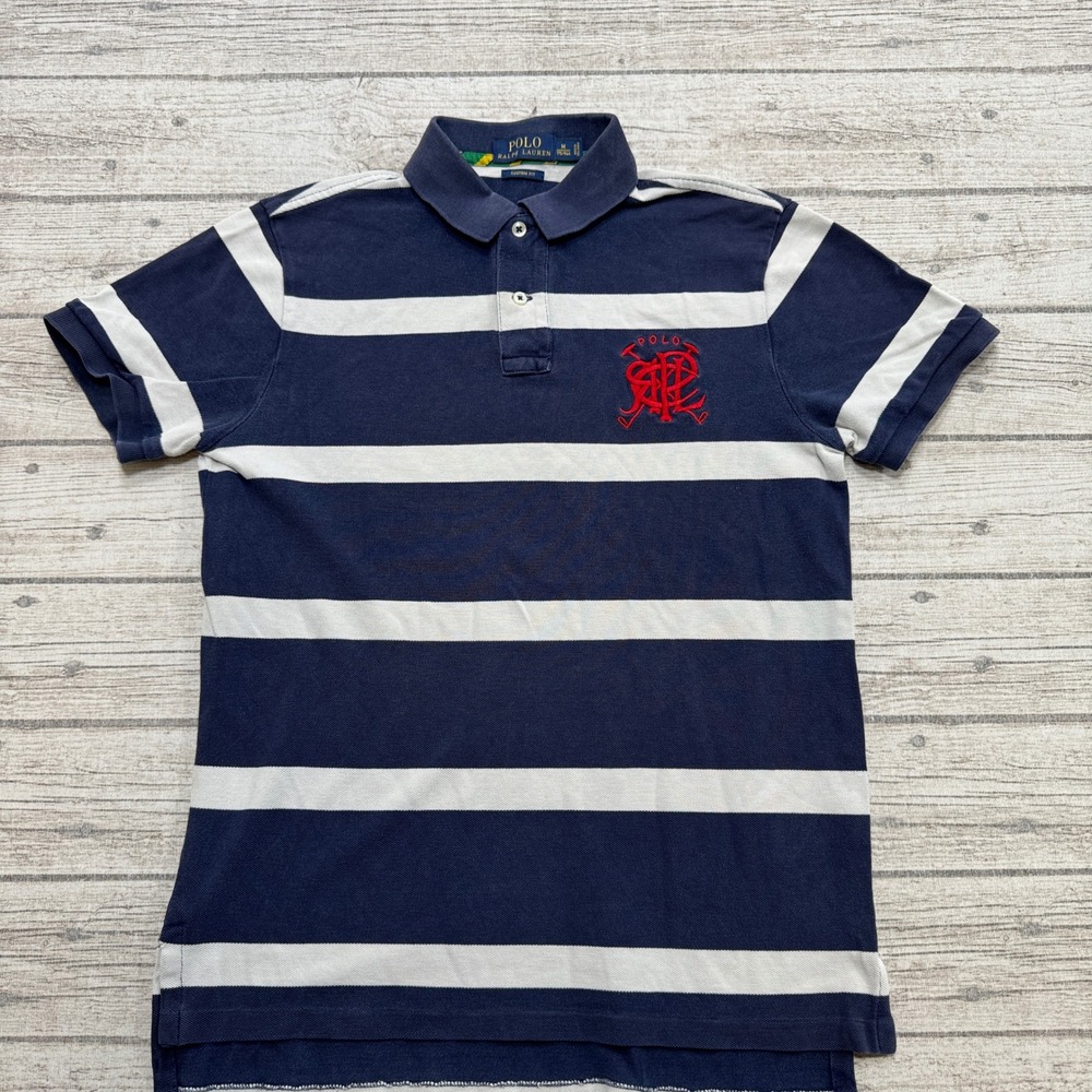 Polo Ralph Lauren Polo Shirt Men's Medium Navy White Striped Cotton Custom Fit